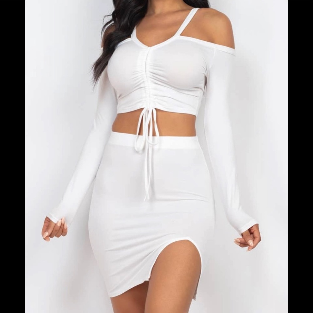 Ruched Long Sleeve Drawstring Crop Top and Mini Skirt Set Womenswear